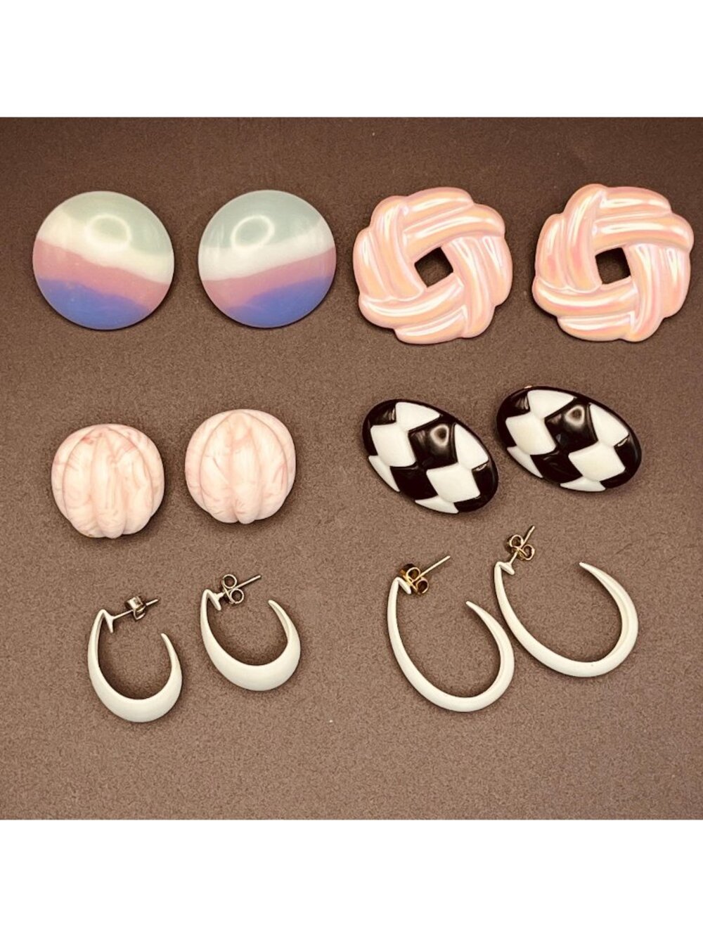 Vintage 1980s Earrings Lot Six Pair Pink/White/Black Resin Metal